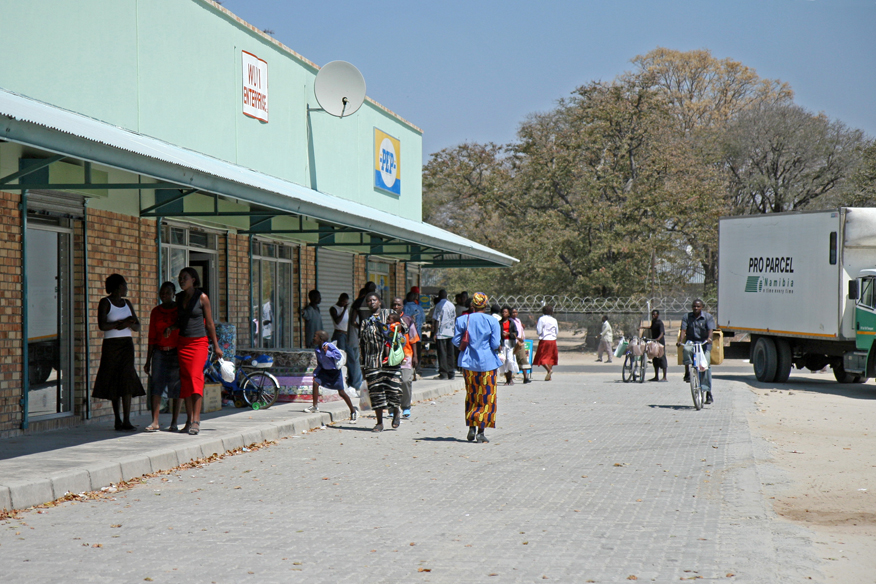Market street with shops and traders in the town of Katima Mulilo, north-eastern Namibia