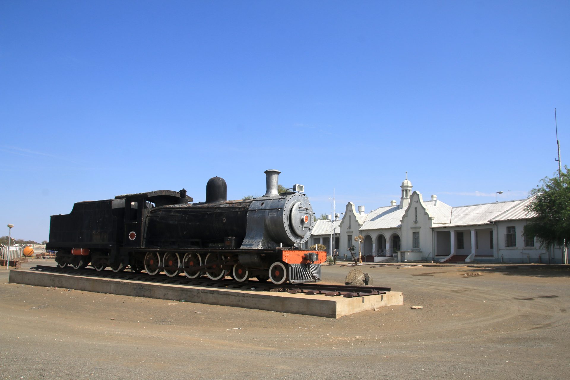 A preserved historic steam locomotive at the railway station in Keetmanshoop, Namibia