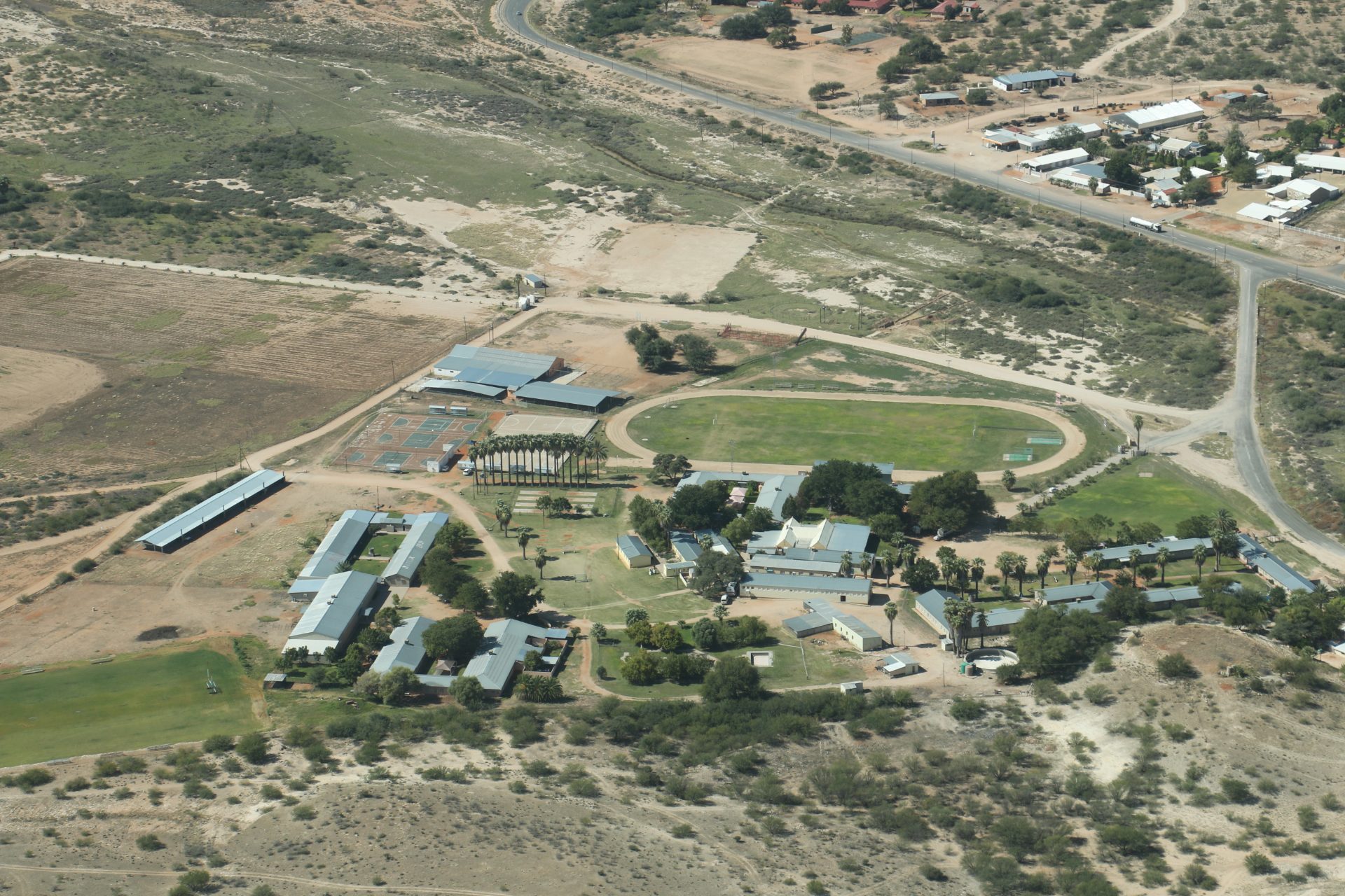 Bird's eye view of the western part of Stampriet, a farming village on the edge of the Kalahari, Namibia