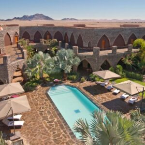 Le Mirage Sossusvlei: aerial view of the resort and swimming pool