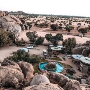 Madisa Camp: aerial view of the camp among the boulders