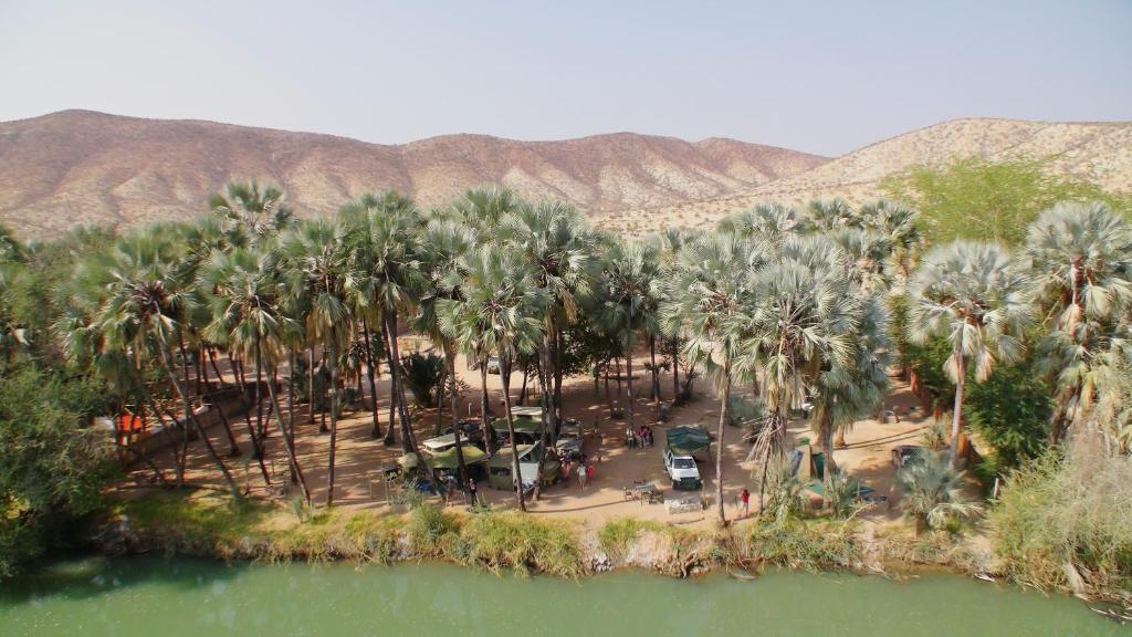 Omarunga Epupa-Falls Campsite: aerial view of the campsite and palms