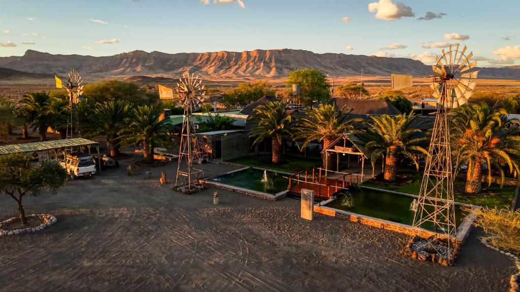 Tsauchab River Camp: aerial view of the camp and surrounding hills