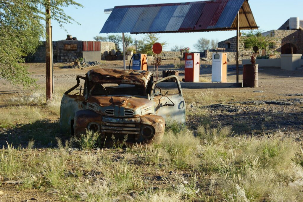 Namibia fuel range planning beside a remote petrol station
